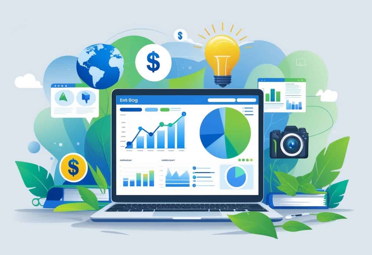 A modern workspace with a laptop showing graphs, surrounded by icons representing different blog niches like money, ideas, travel, food, education, sustainability, and photography.