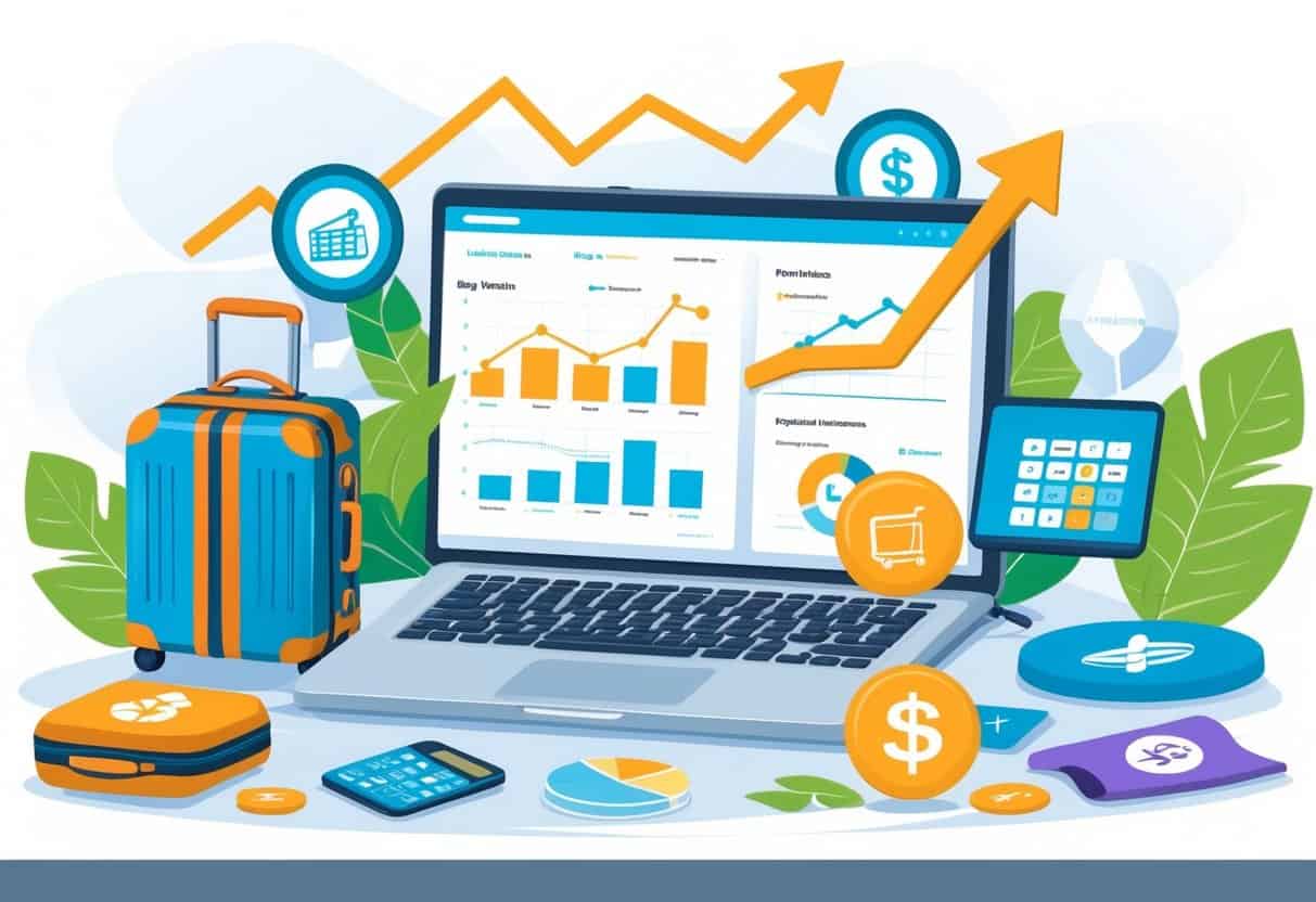 A workspace with a laptop showing growth charts surrounded by icons representing travel, food, technology, finance, and wellness, with an upward arrow in the background symbolizing income growth.