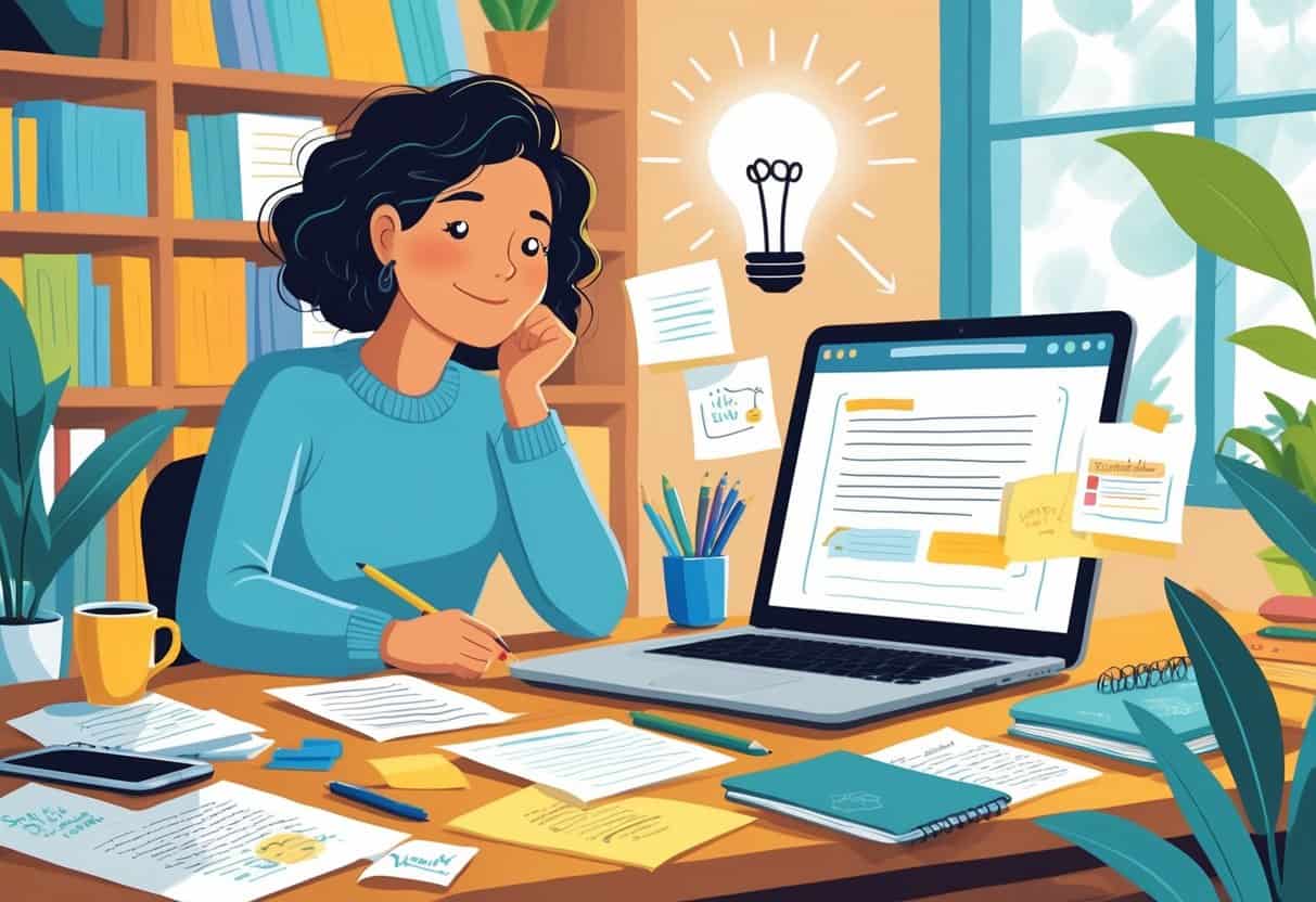A person sitting at a desk surrounded by papers, a laptop, and creative tools, appearing thoughtful while working in a cozy room with bookshelves and a window letting in natural light.