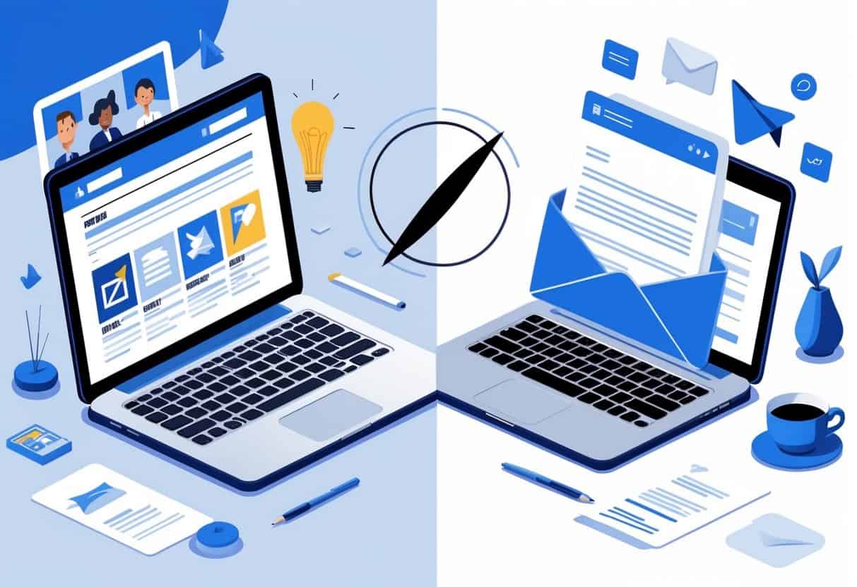 An illustration showing a laptop with a webpage on one side and an email envelope on the other, symbolizing the comparison between a blog and a newsletter.