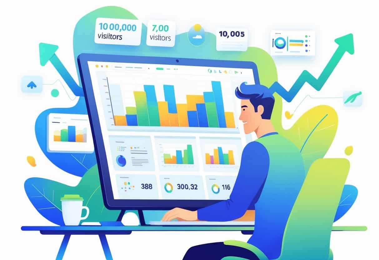 A person working at a desk with a laptop showing graphs and charts, surrounded by symbols of growth and digital analytics.