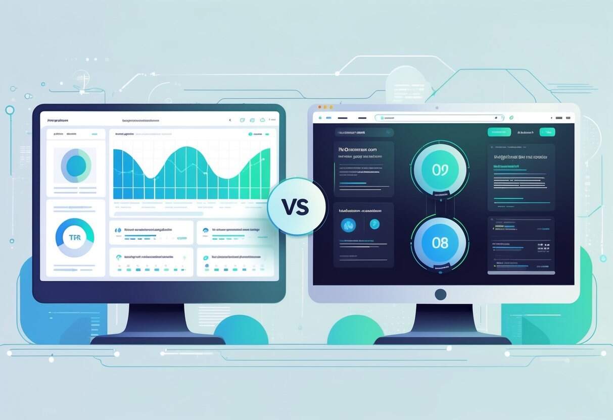Two futuristic digital dashboards side by side representing a comparison between two SEO tools, with a balanced scale symbol between them.