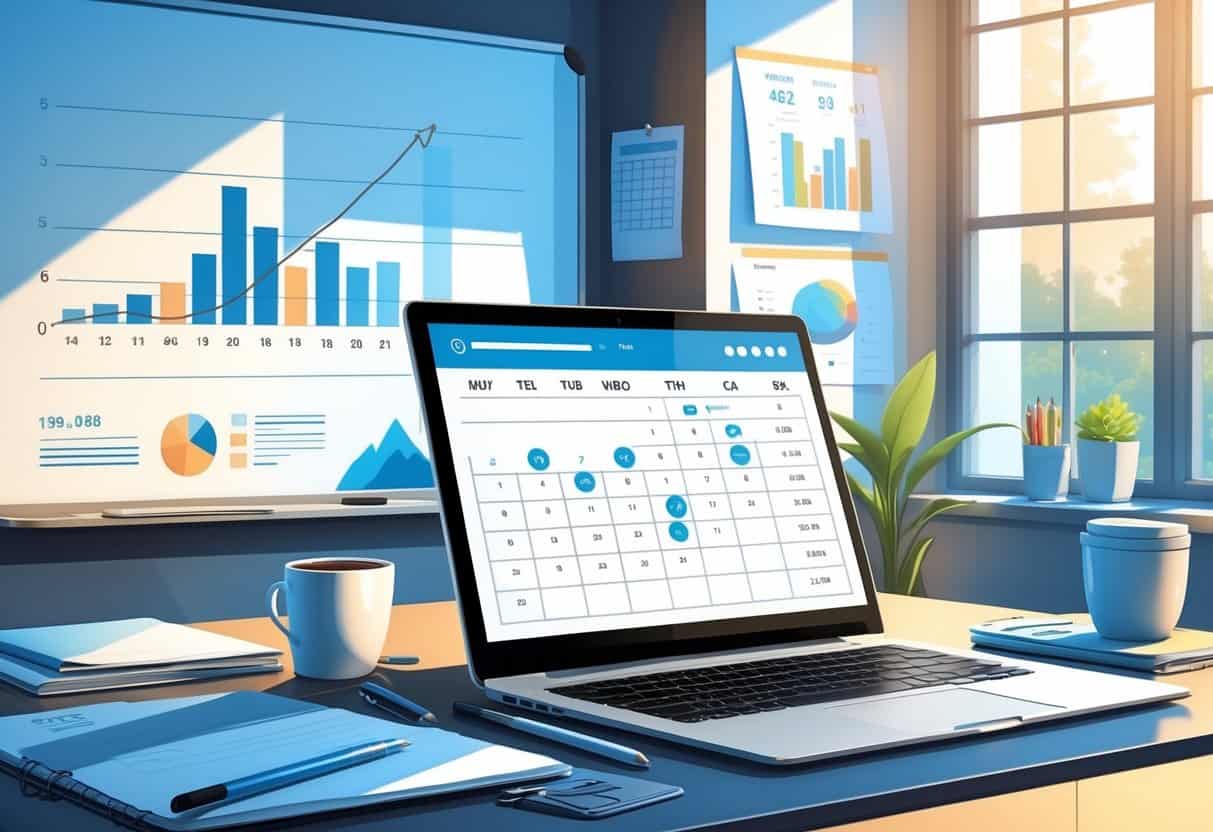 A workspace with a laptop showing a calendar, notebooks, coffee cup, and a whiteboard with growth charts, representing blog posting and growth planning.