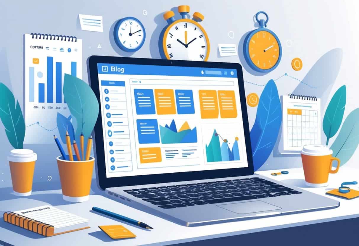 A workspace with a laptop showing a blog dashboard, a calendar, a clock, and a rising graph, symbolizing blog posting frequency and growth.