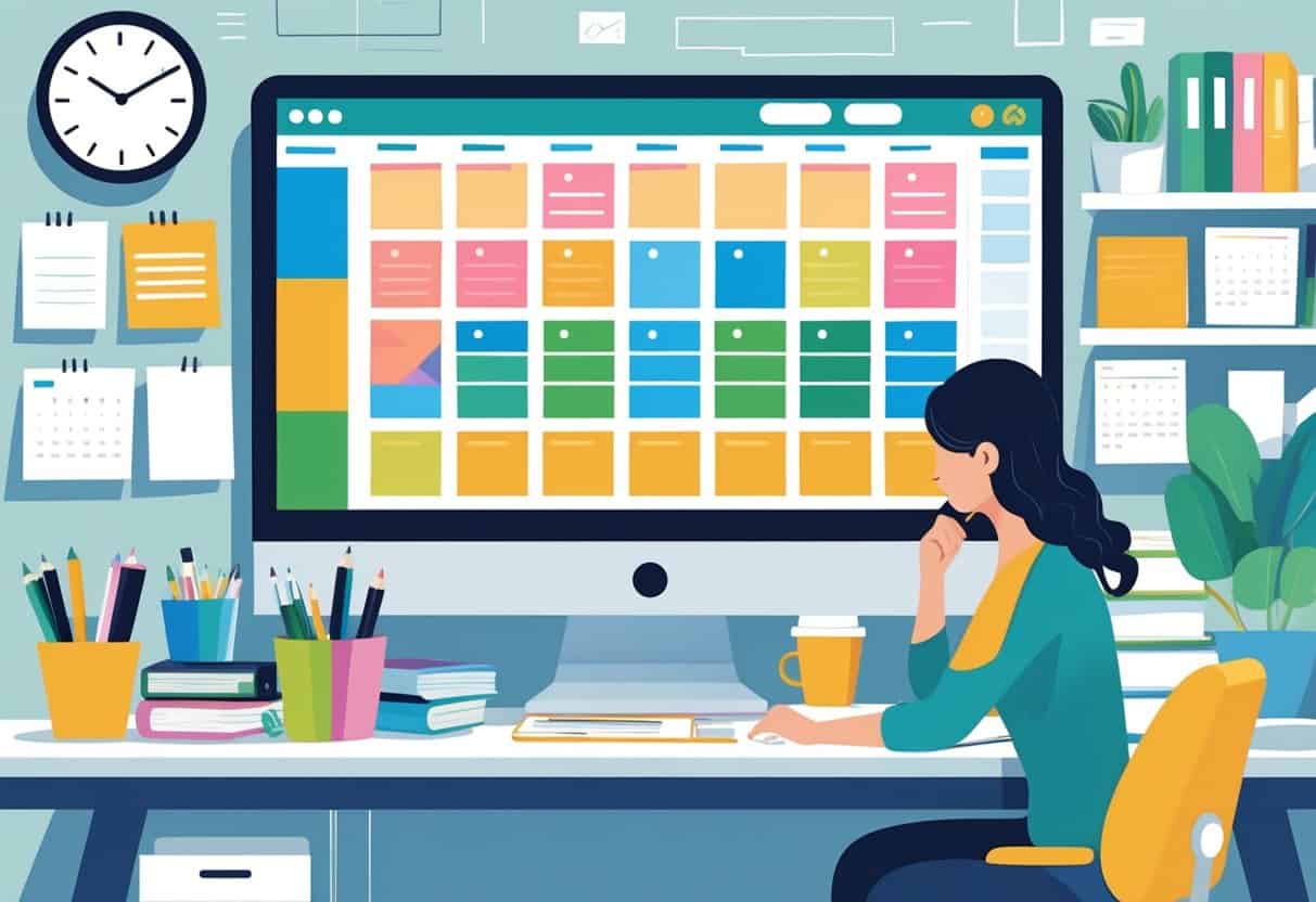A person sitting at a desk with a computer showing a colorful calendar grid, surrounded by office supplies and plants, planning blog content.