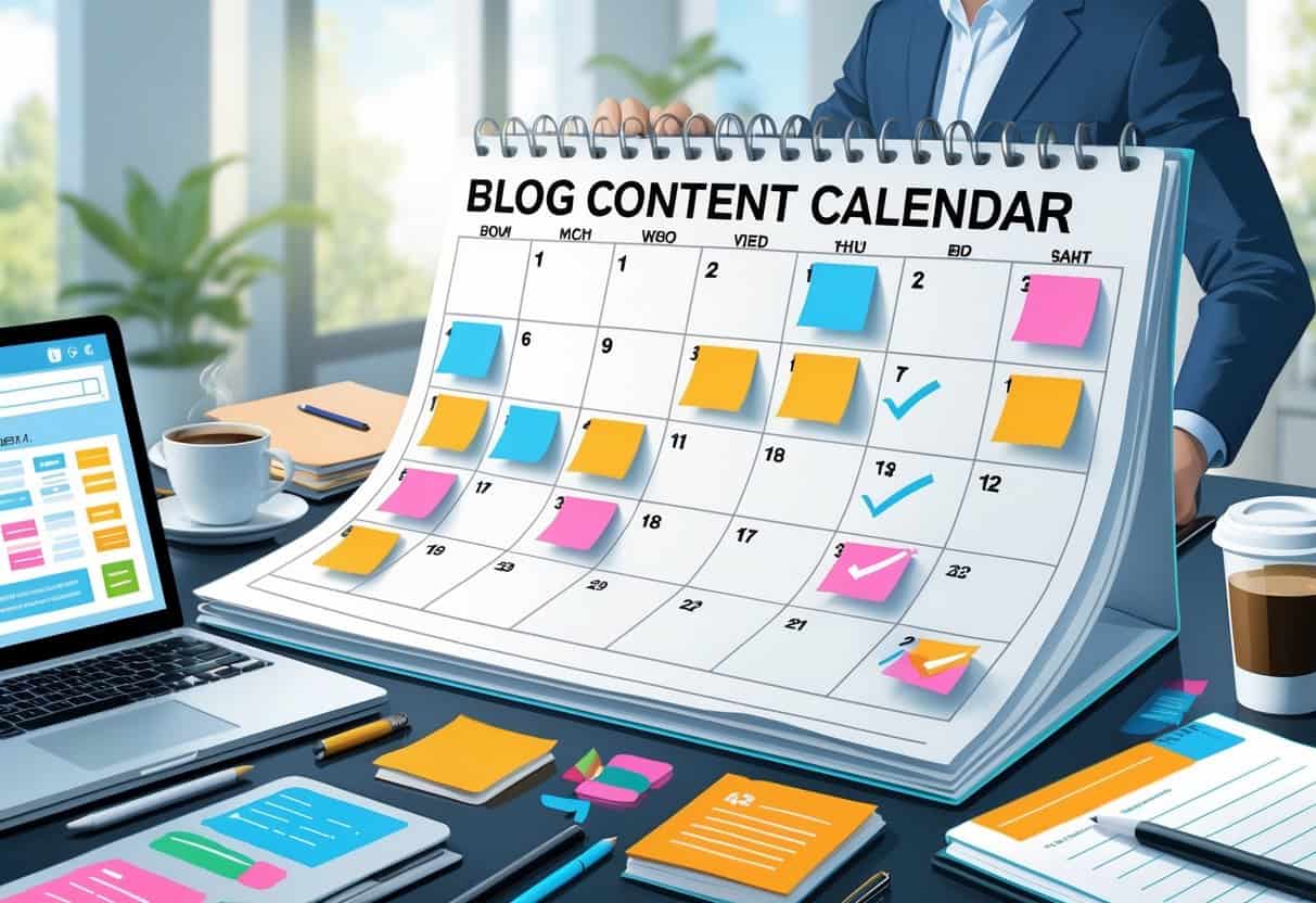 A workspace with an open calendar, laptop, coffee cup, and smartphone, illustrating the planning of blog content.