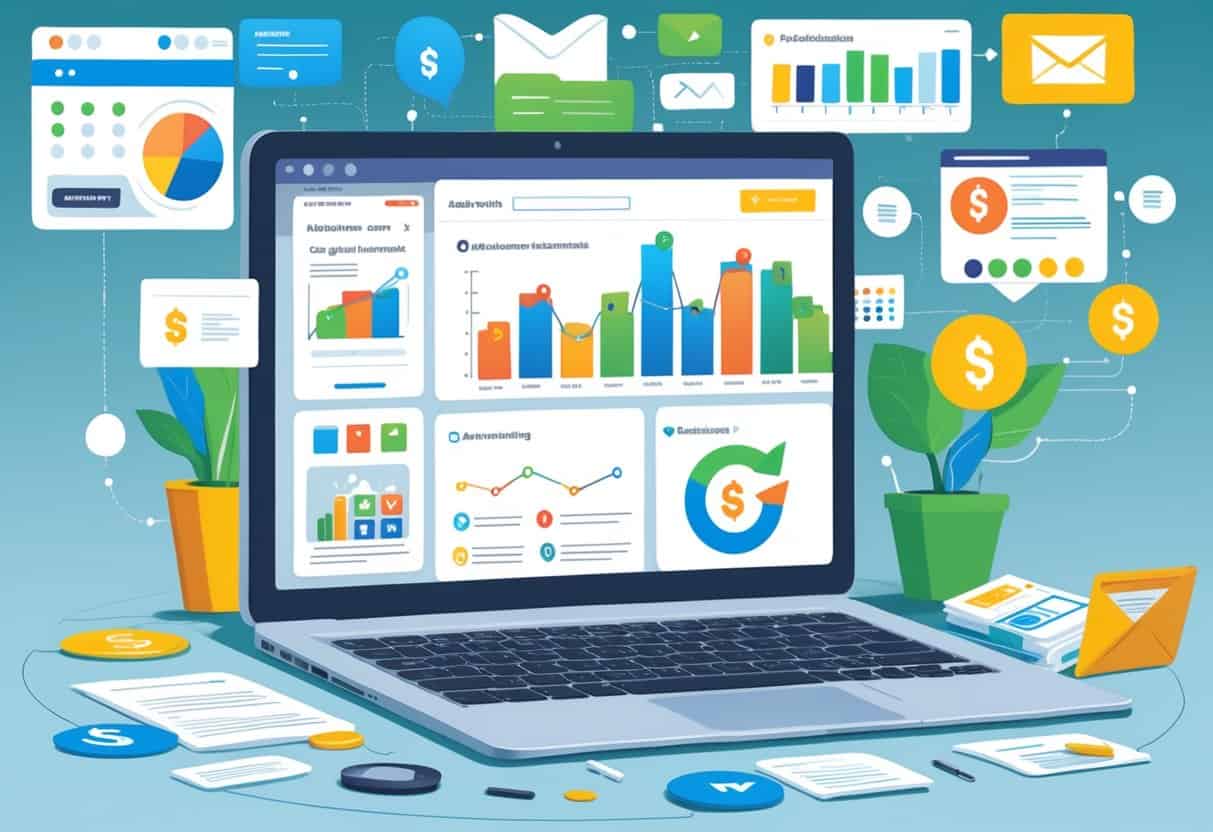 A workspace with a laptop showing blog revenue charts surrounded by icons representing affiliate marketing, sponsored content, digital products, and subscriptions.