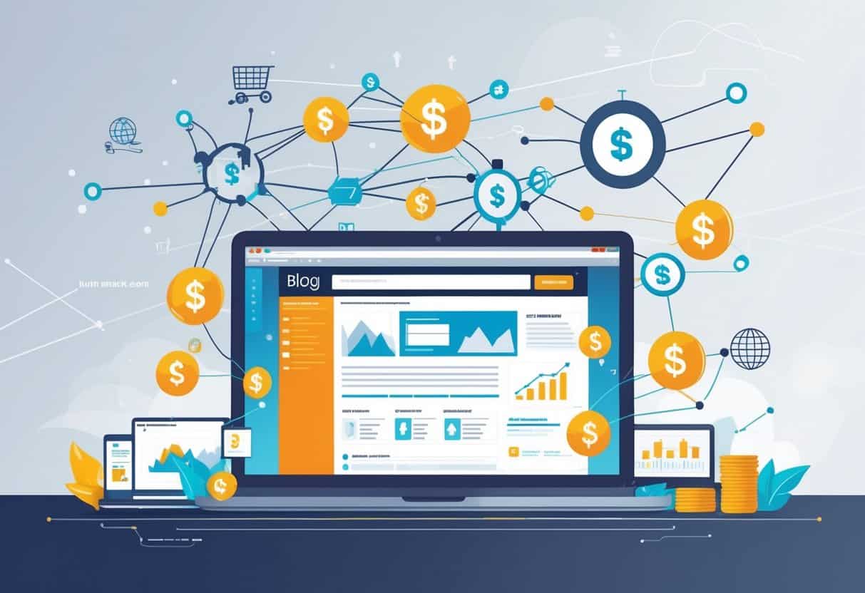 A workspace with a laptop showing a blog, surrounded by icons of handshake, dollar signs, shopping carts, and charts symbolizing affiliate marketing and partnerships.