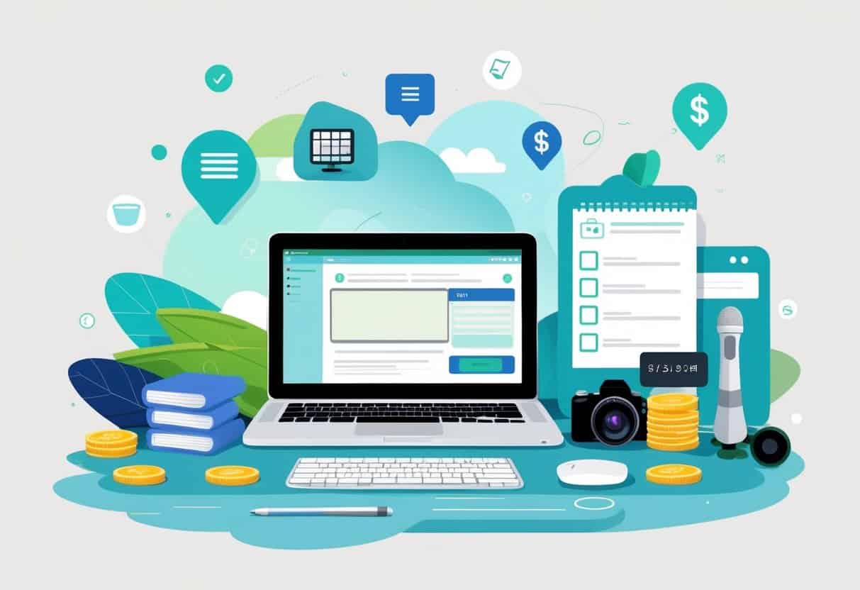 A workspace with a laptop showing a blog, surrounded by icons of hosting, blogging tools, and budget symbols like coins and a calculator.