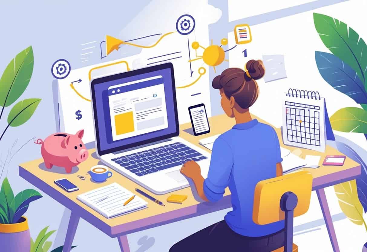Person sitting at a desk with a laptop, notebook, and budget-related icons, planning how to start a blog.