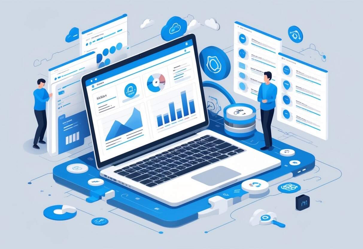 A modern workspace with a laptop showing website analytics and icons representing cloud hosting and data storage, symbolizing blog hosting services comparison.