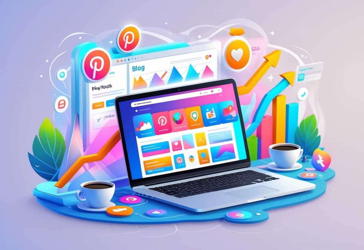 A modern workspace with a laptop showing a Pinterest-style interface, surrounded by graphs and icons symbolizing blog traffic growth.