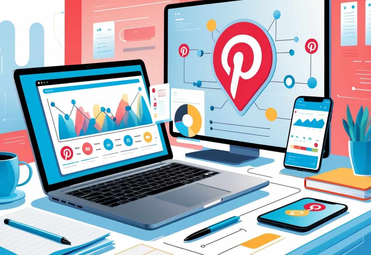 A modern workspace with a laptop showing Pinterest-style pins and analytics, a smartphone with a Pinterest app, and a digital screen displaying a network of pins, representing using Pinterest to drive blog traffic.