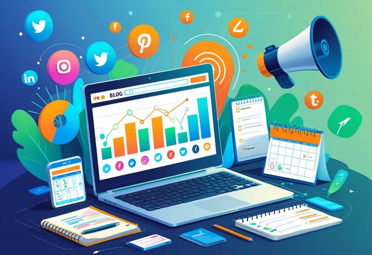 A workspace with a laptop showing a blog dashboard surrounded by icons of social media platforms, a megaphone, a notebook, a smartphone, and a calendar, symbolizing free ways to promote a blog.