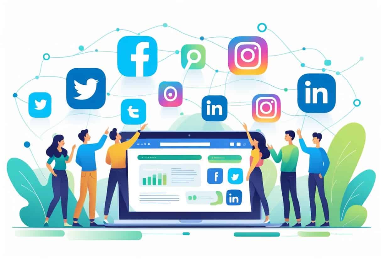 People interacting with large social media icons around a laptop showing a blog homepage, symbolizing promoting a blog through social media platforms.