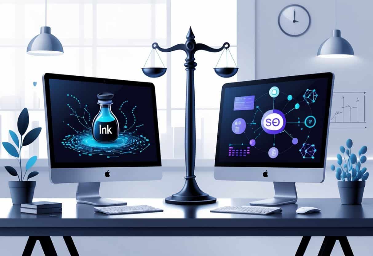 Two computer screens on a desk, one with an ink bottle turning into digital data and the other with a glowing neuron network, connected by a balanced scale with SEO icons between them.