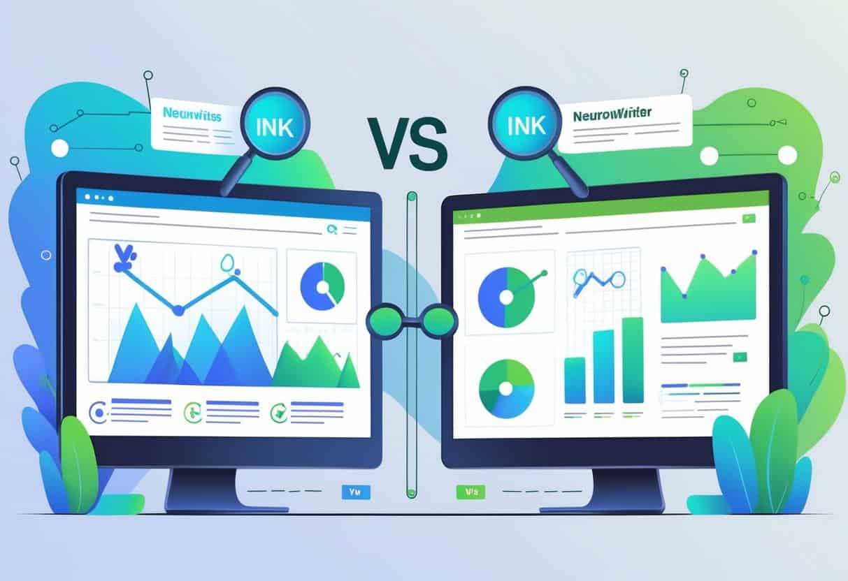 Two computer screens side by side showing abstract SEO graphs and icons with a balanced scale symbol between them, representing a comparison of built-in SEO features.