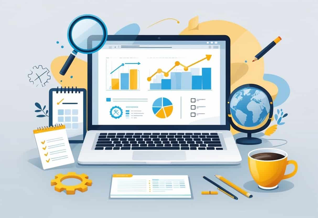 A workspace with a laptop showing graphs, a notepad with checkmarks, and icons representing SEO elements on a desk.