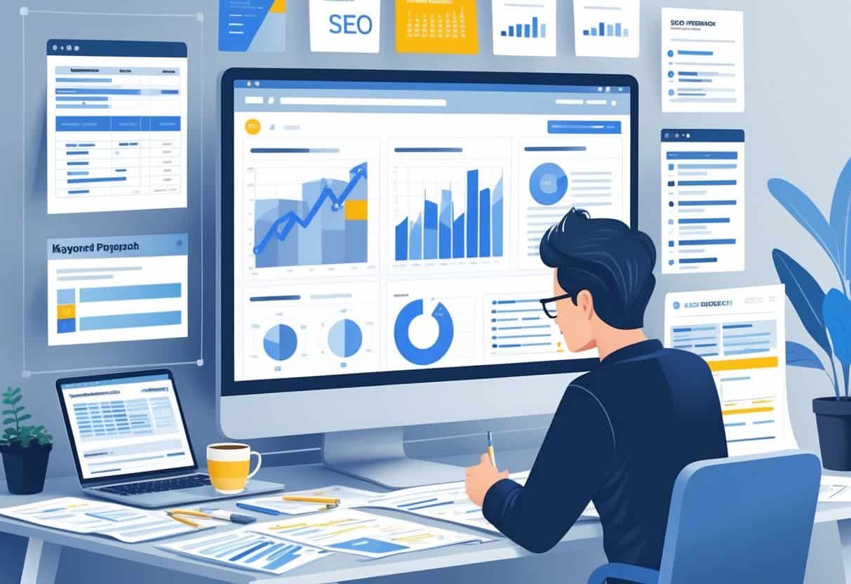 A person reviewing SEO checklists and keyword research documents at a desk with a laptop and charts, preparing to publish a blog post.