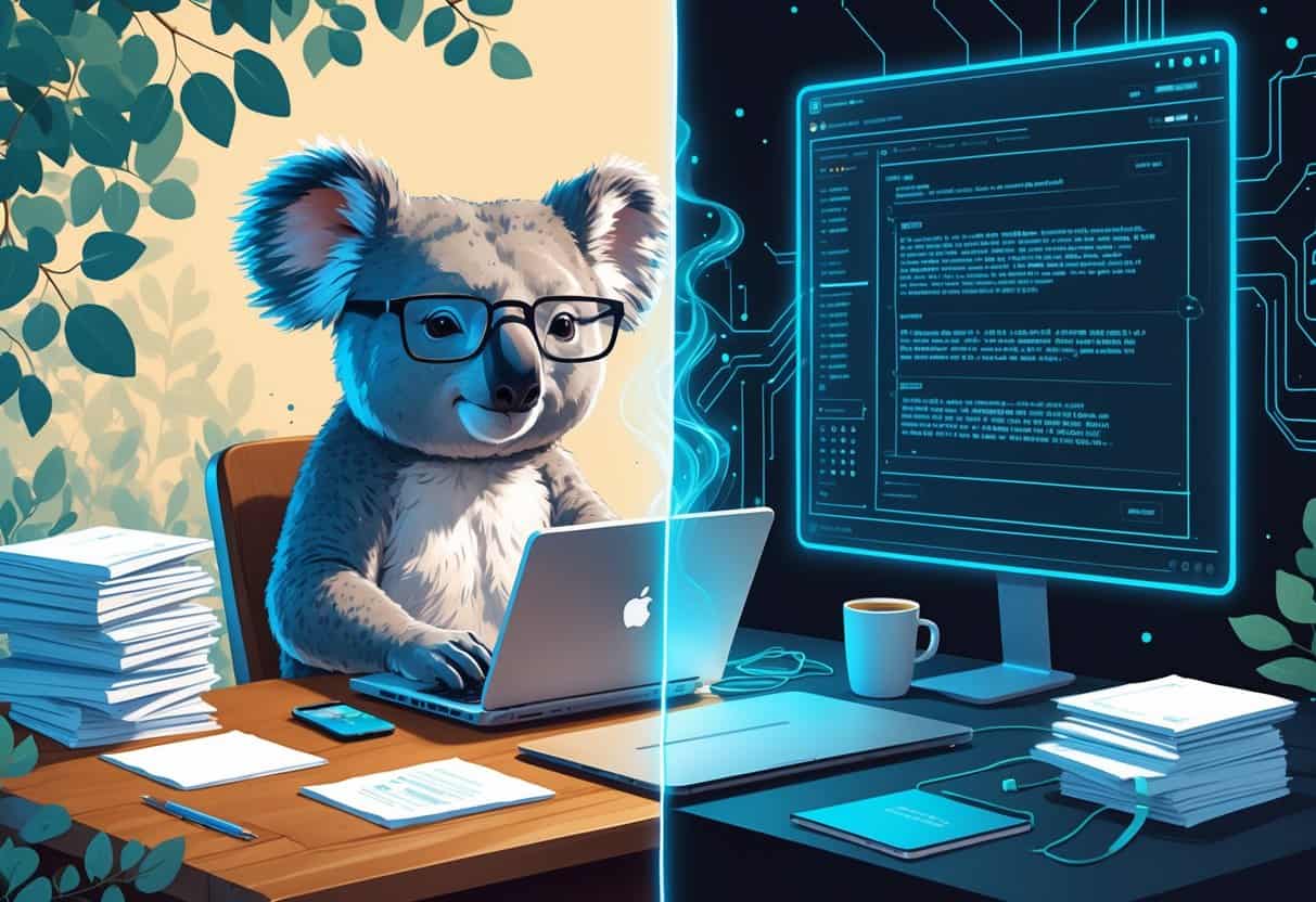 A workspace split into two halves showing a koala typing on a laptop on one side and a glowing AI interface with flowing text on the other side.