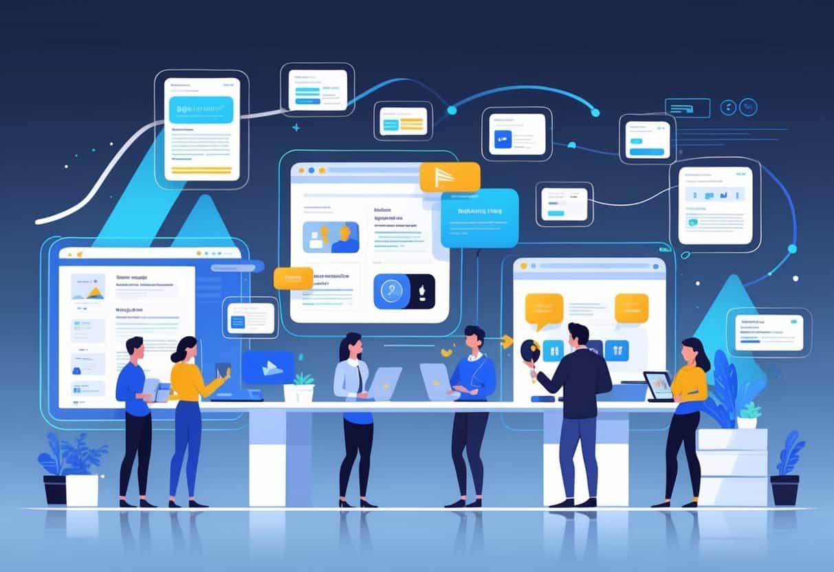 A group of diverse professionals working with floating digital screens showing different types of content formats in a futuristic workspace.