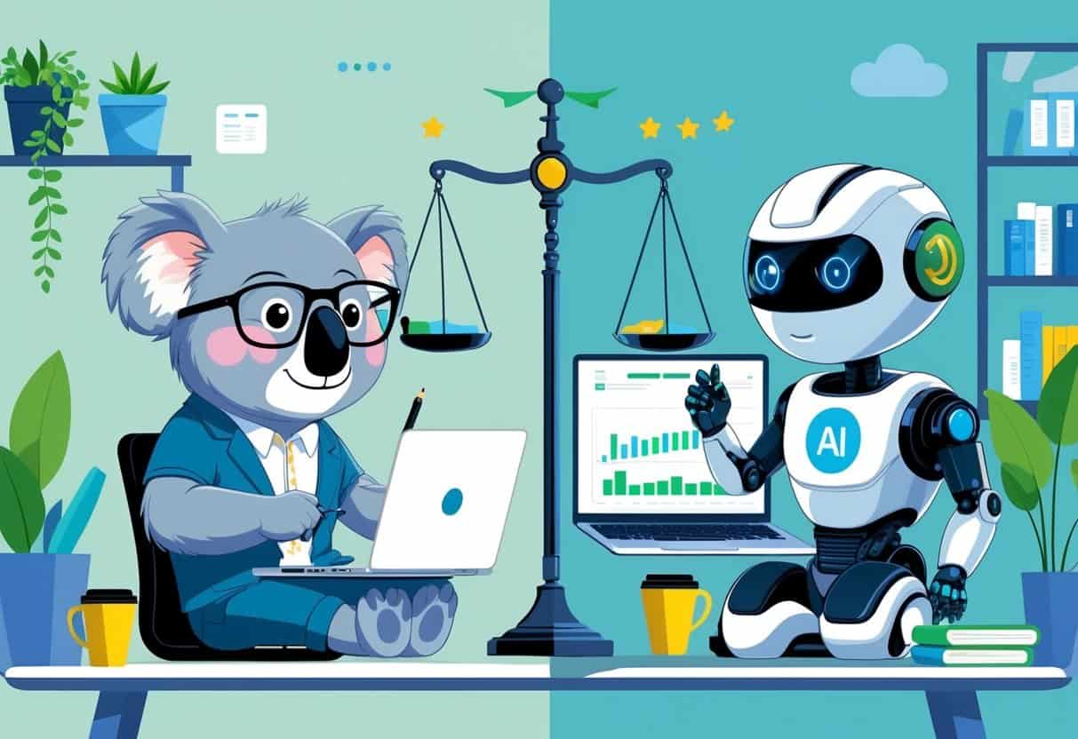 A koala and a robot sitting at desks with laptops, surrounded by office items and charts, symbolizing a comparison between two writing tools for blog monetization.
