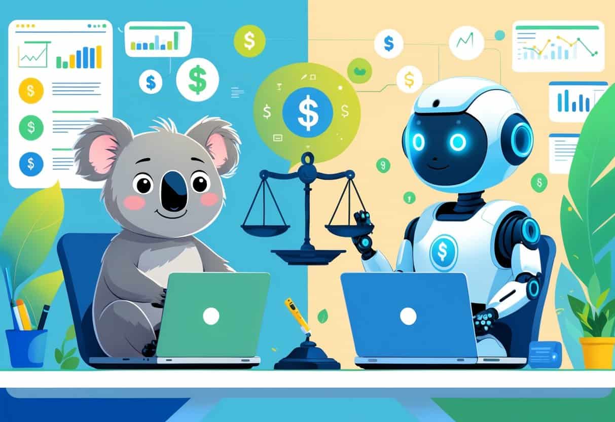 A koala and a futuristic robot each working at desks with laptops, surrounded by icons representing writing and blog monetization, with a balanced scale between them.