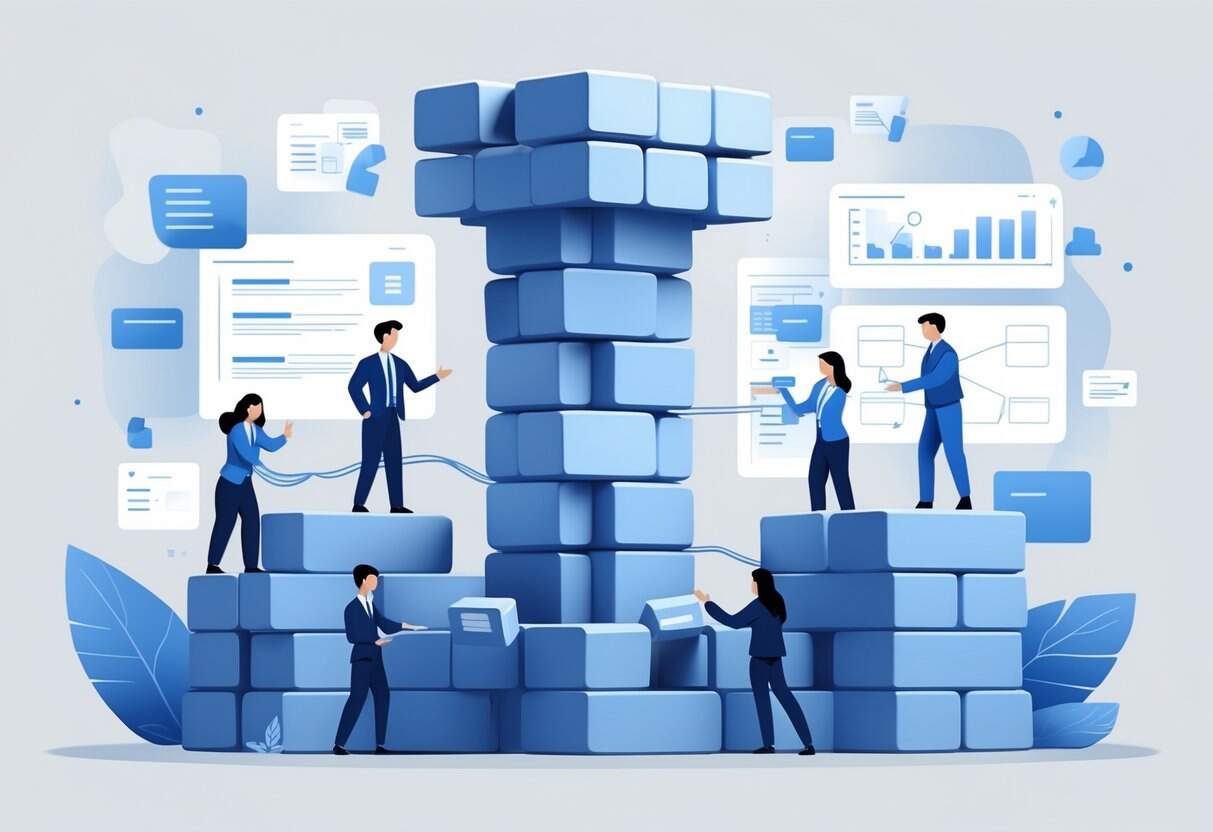 A group of people collaboratively building a large pillar made of interconnected blocks, surrounded by digital charts and documents.