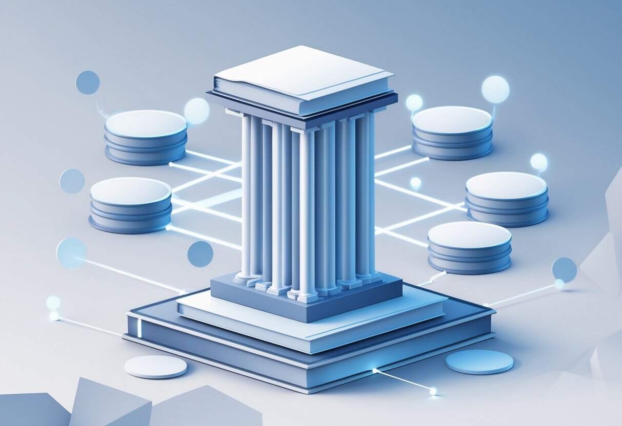 A central pillar made of stacked books surrounded by connected smaller clusters of books, illustrating organized content structure with connecting lines.