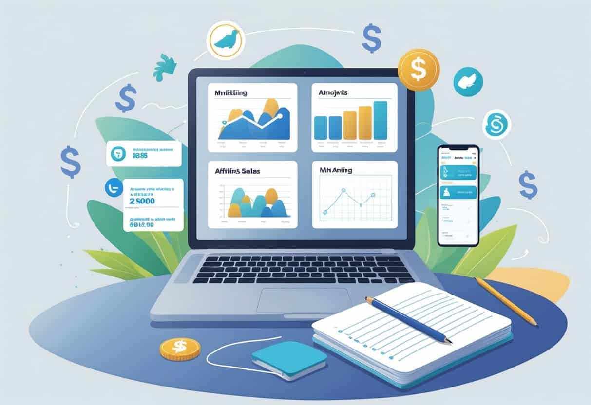A blogger's workspace with a laptop showing marketing charts, a smartphone with notifications, a notebook with notes, and icons representing online marketing and sales.