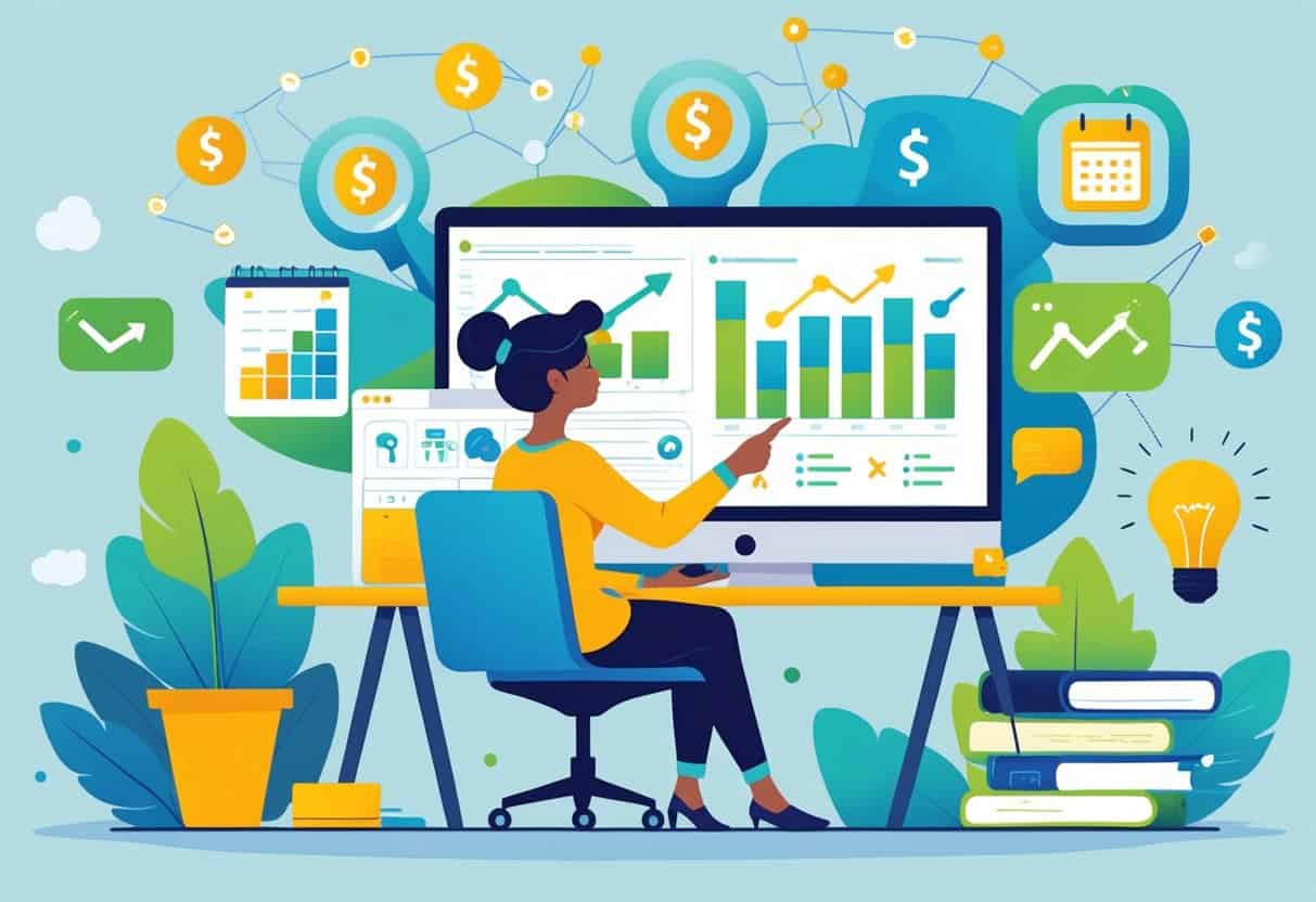A blogger working at a desk with a laptop surrounded by icons representing affiliate marketing, including links, shopping carts, and dollar signs.