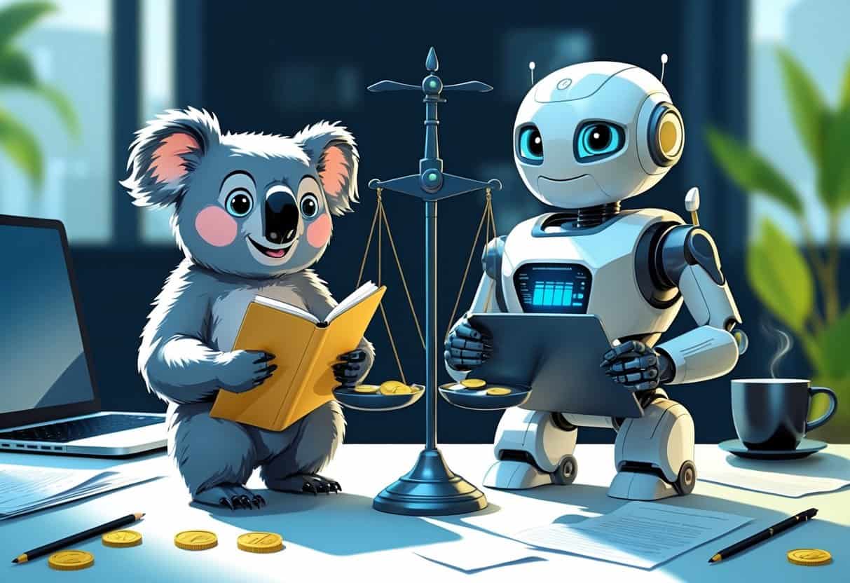 Two characters, a koala holding a pen and a robot holding a tablet, face each other across a balanced scale with coins, set on a desk with a laptop and coffee cup.