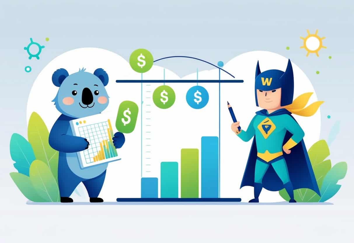 Two characters representing Koala Writer and WordHero stand beside a balanced scale comparing their pricing, with icons related to writing and AI in the background.