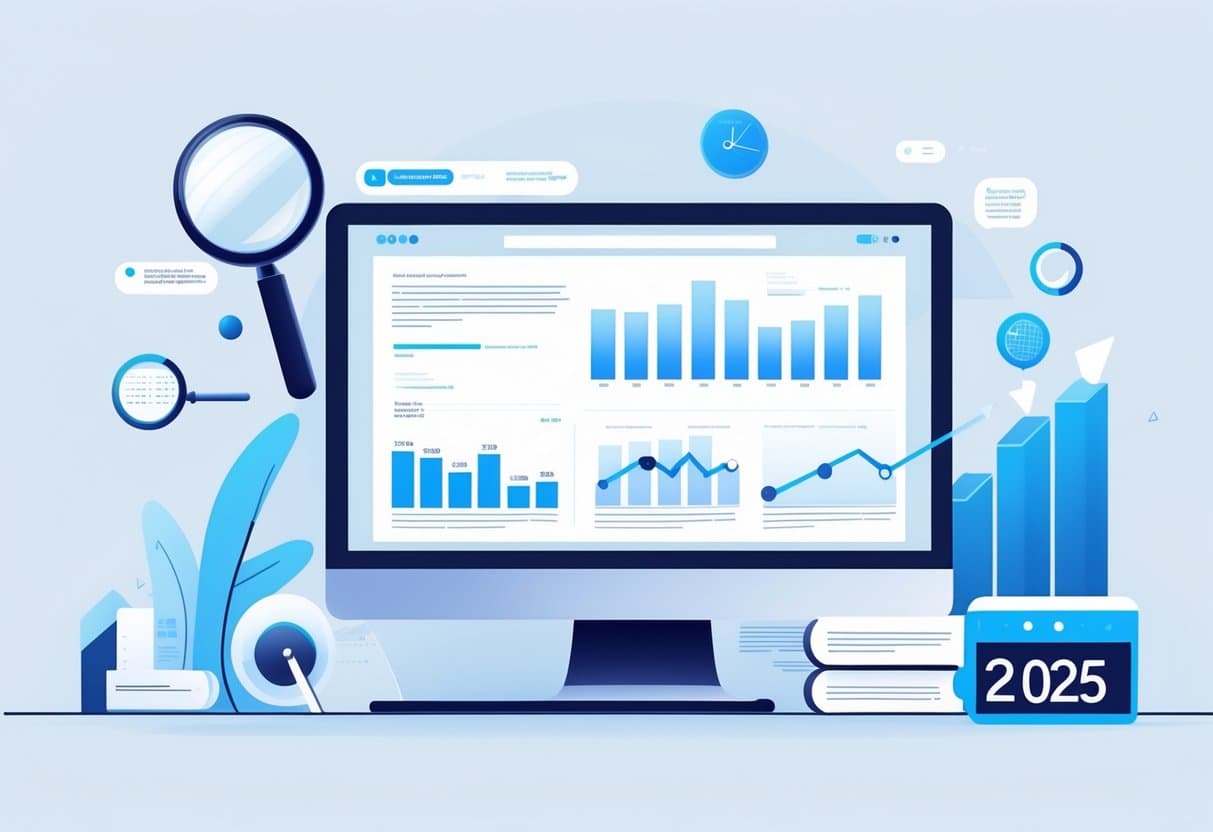 A modern workspace with a computer screen showing a webpage layout, surrounded by floating SEO icons and graphs indicating blog post optimization for the year 2025.