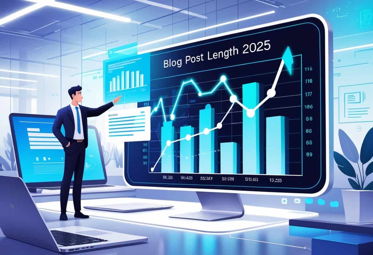 A professional analyzing digital graphs and charts about blog post length and SEO performance on a large transparent screen in a modern office.