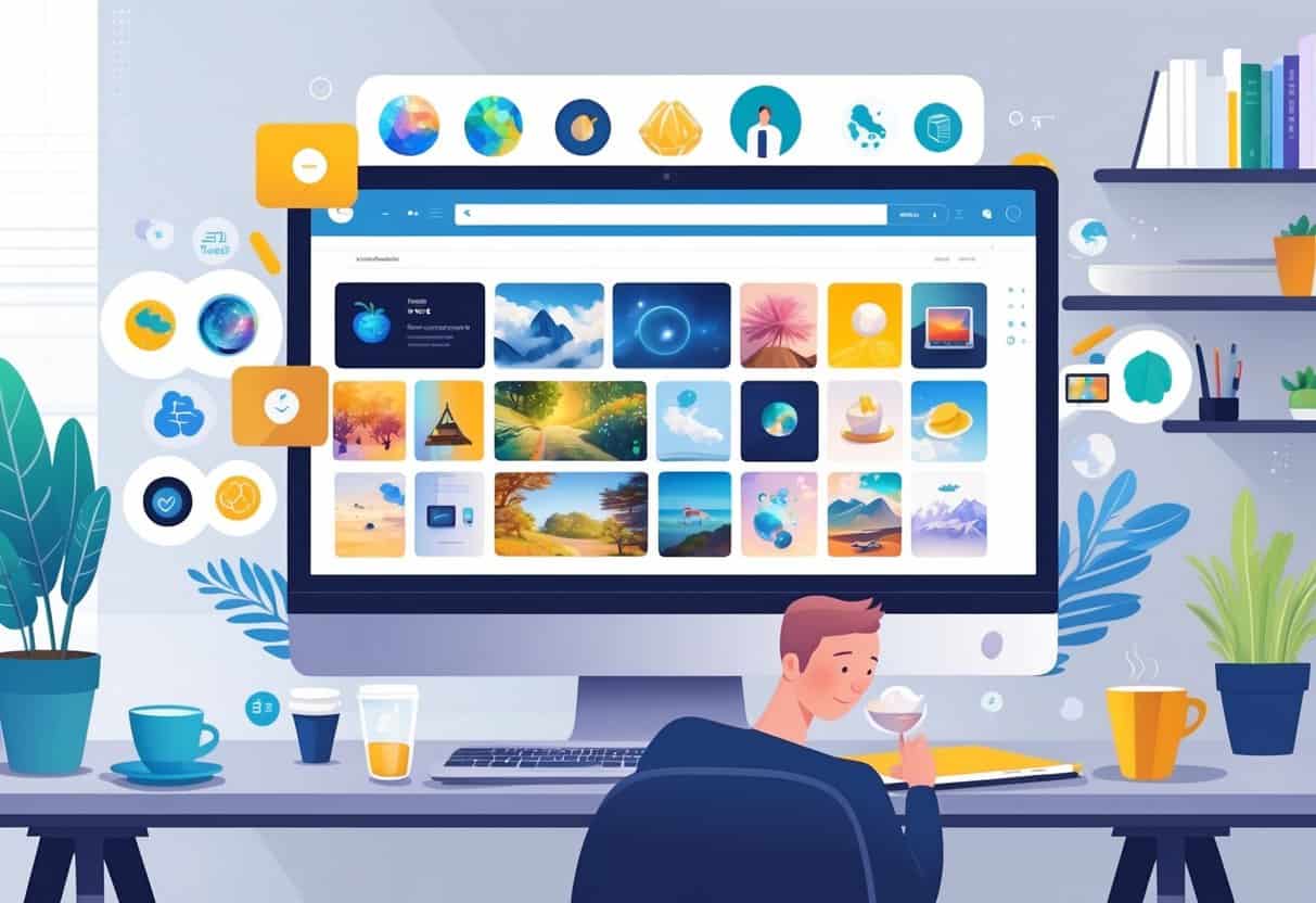 A person sitting at a desk browsing royalty-free images on a laptop surrounded by icons and workspace items.