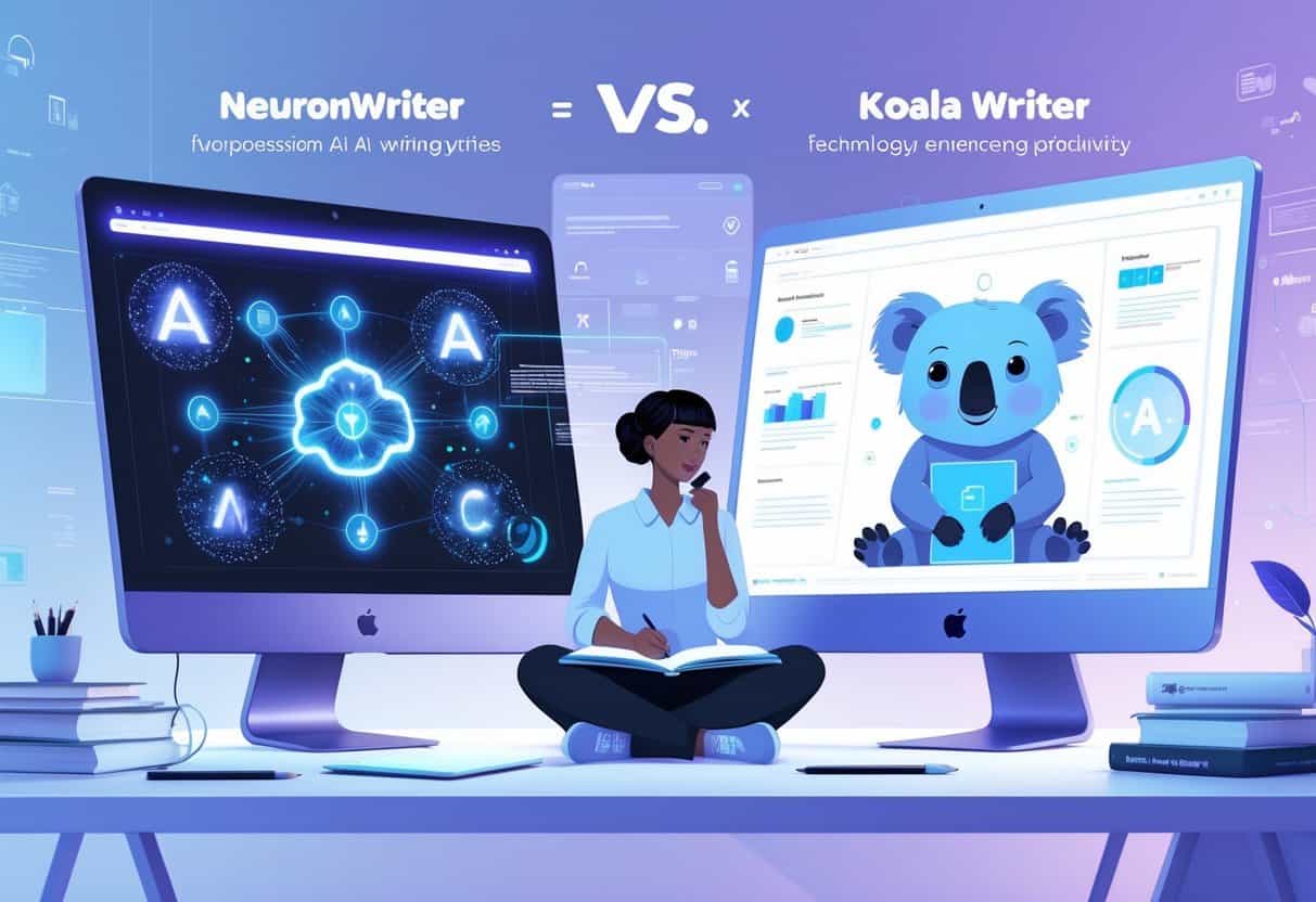 A person at a desk comparing two AI writing tools displayed on two computer screens, surrounded by futuristic digital elements representing writing and AI technology.