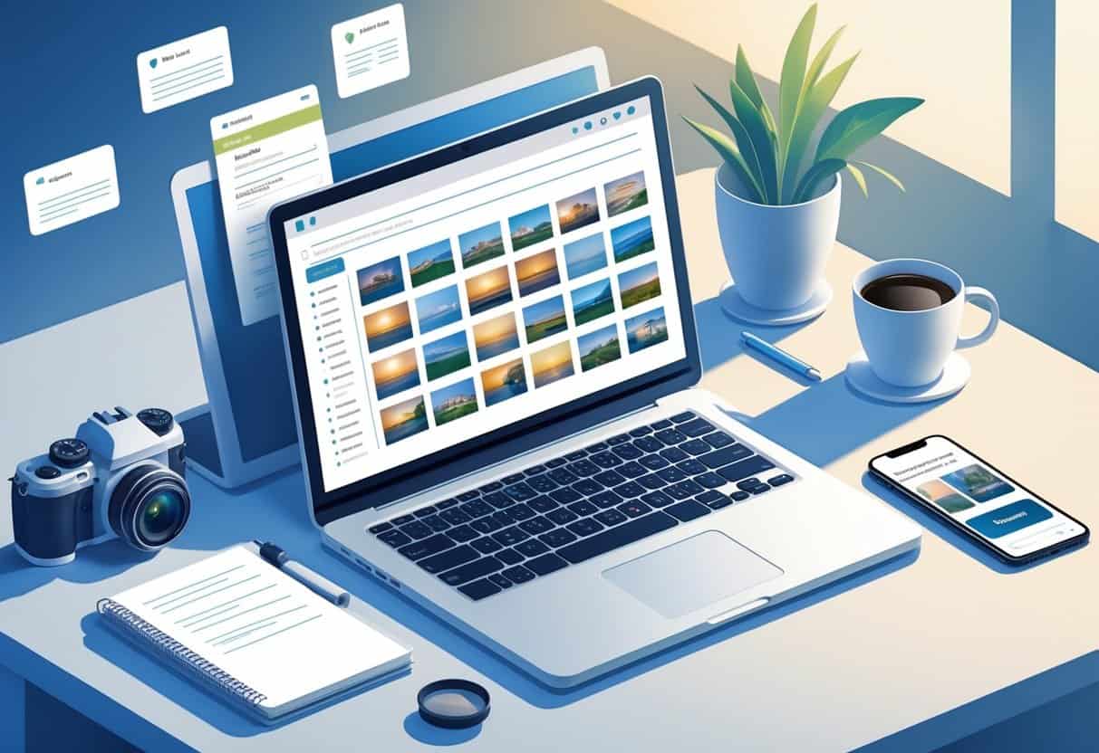 A workspace with a laptop showing a grid of images, a camera, notepad, coffee cup, and smartphone on a desk.