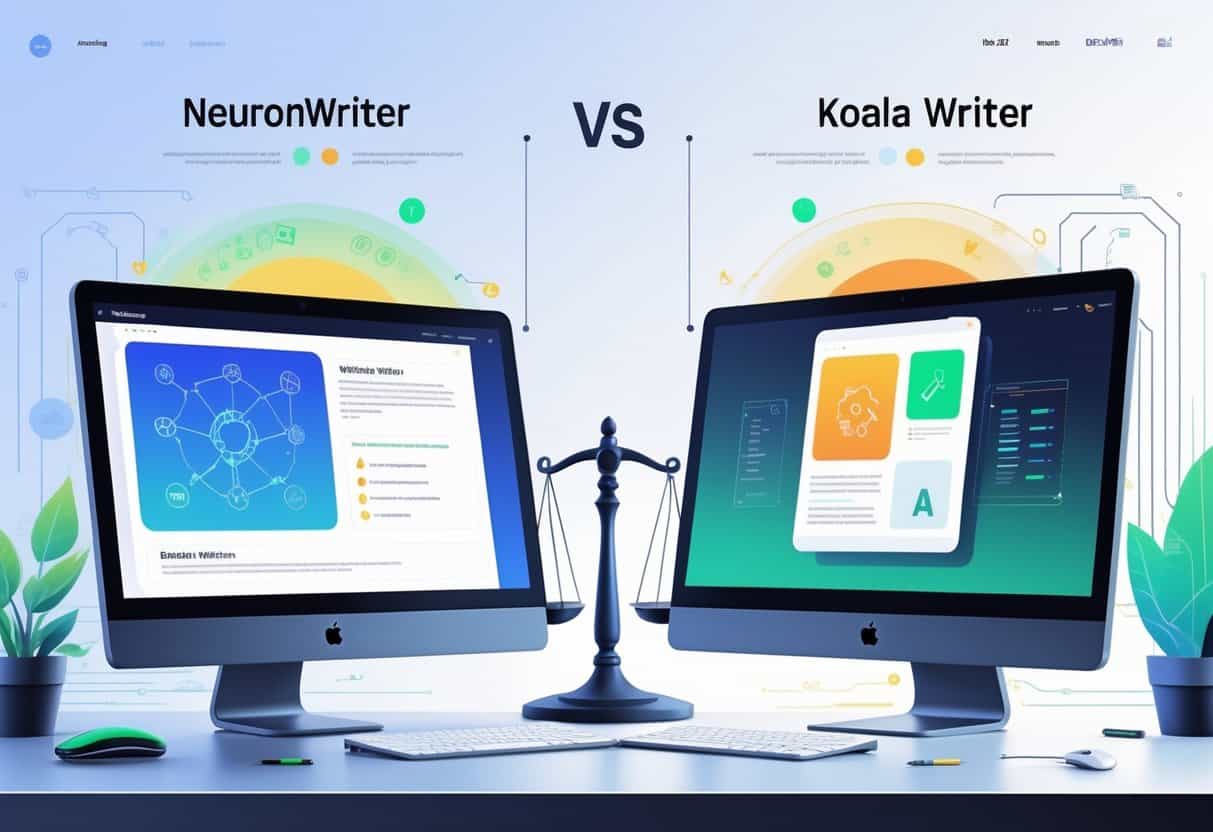 Two modern computer screens side by side on a desk, each representing different AI writing tools with futuristic icons and a balanced scale between them symbolizing comparison.