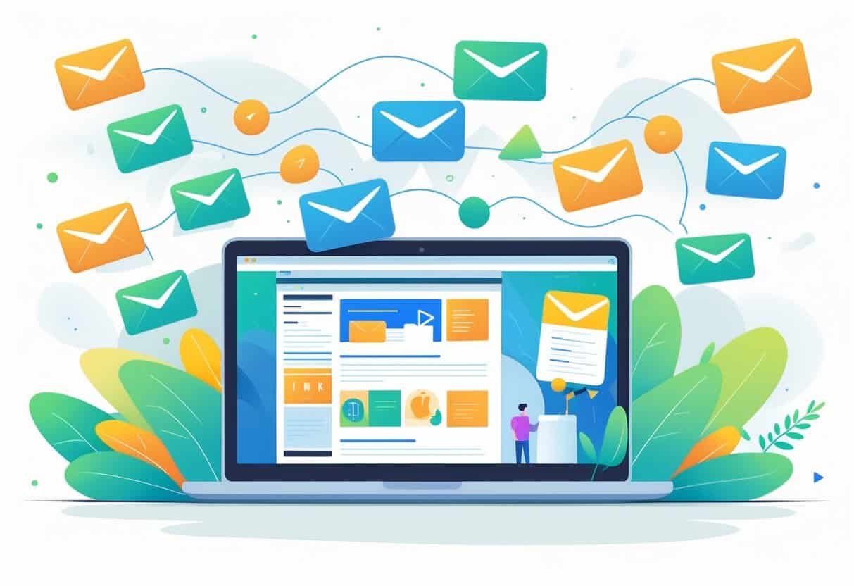 A laptop showing a blog page with email icons flowing out, symbolizing building an email list from blog visitors.
