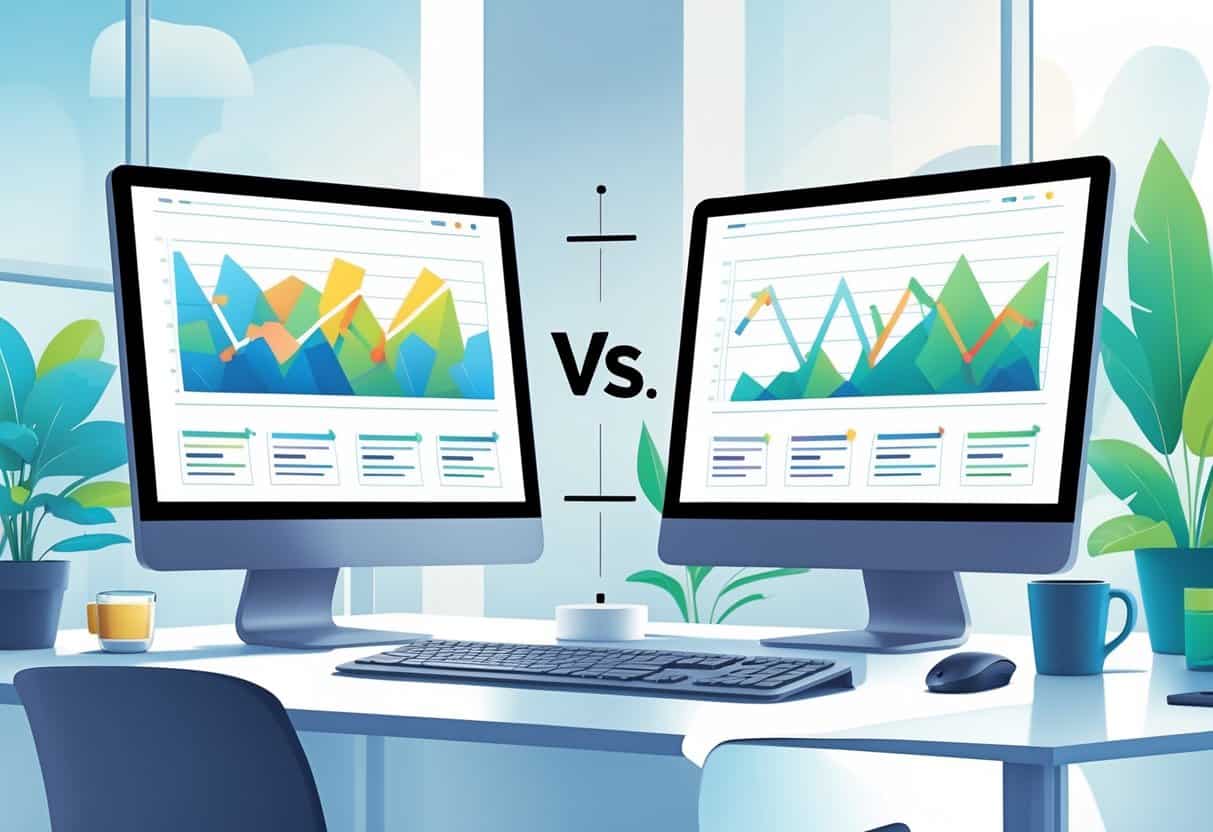 Two computer screens on a desk showing colorful graphs and charts with a balanced scale between them in a bright office setting.
