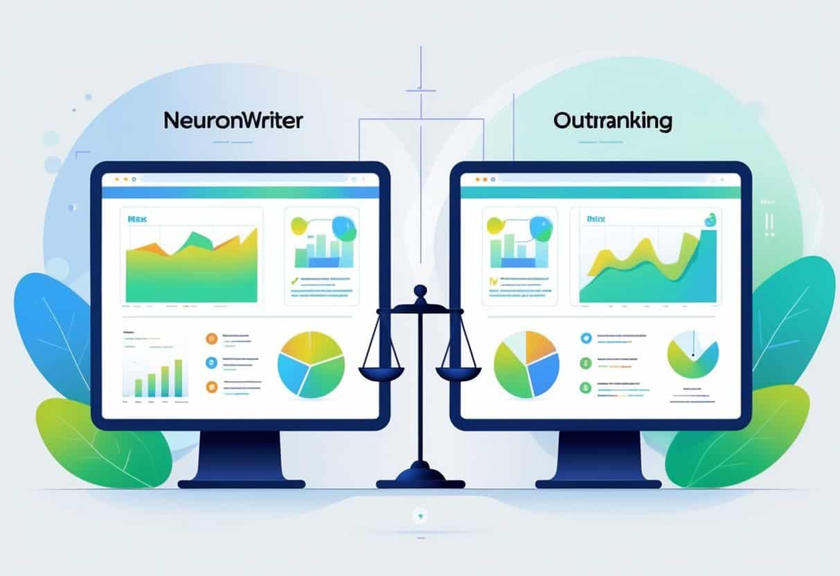 Two digital devices side by side displaying colorful charts and icons representing a comparison of features between two software tools.