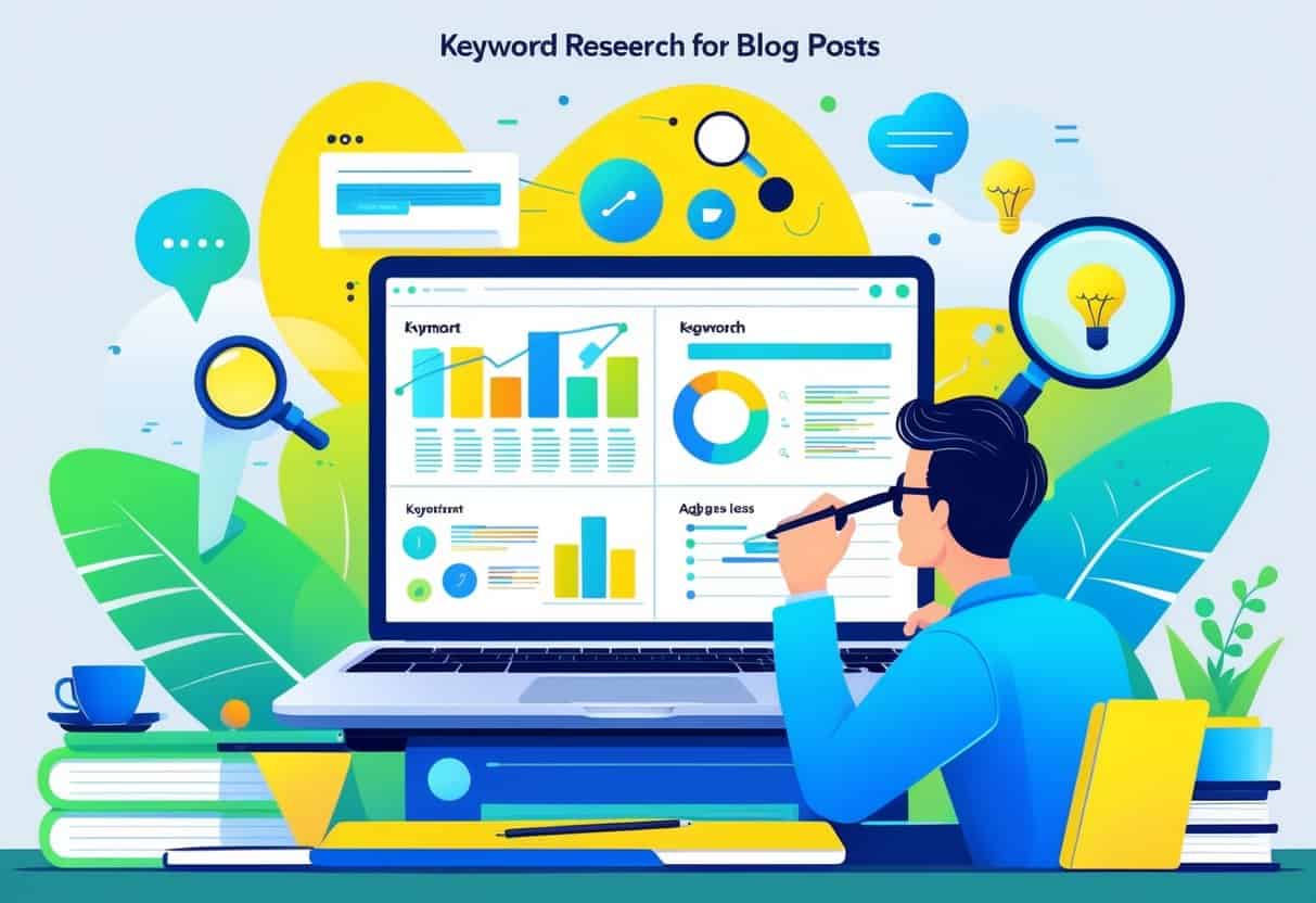 A person analyzing keyword data on a laptop surrounded by icons representing keywords and ideas in a tidy workspace.
