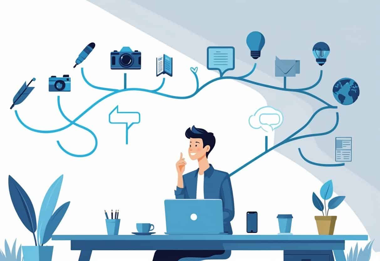 A person sitting at a desk with a laptop, looking thoughtfully at two paths ahead, one narrow with specialized icons and one wide with general icons, representing a choice between niche and general blogging.