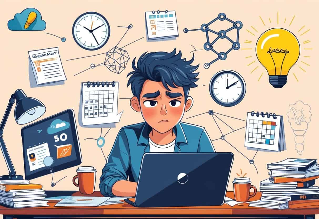 A young blogger at a desk surrounded by symbols of common blogging mistakes and solutions, including notes, a laptop, a clock, and social media icons.