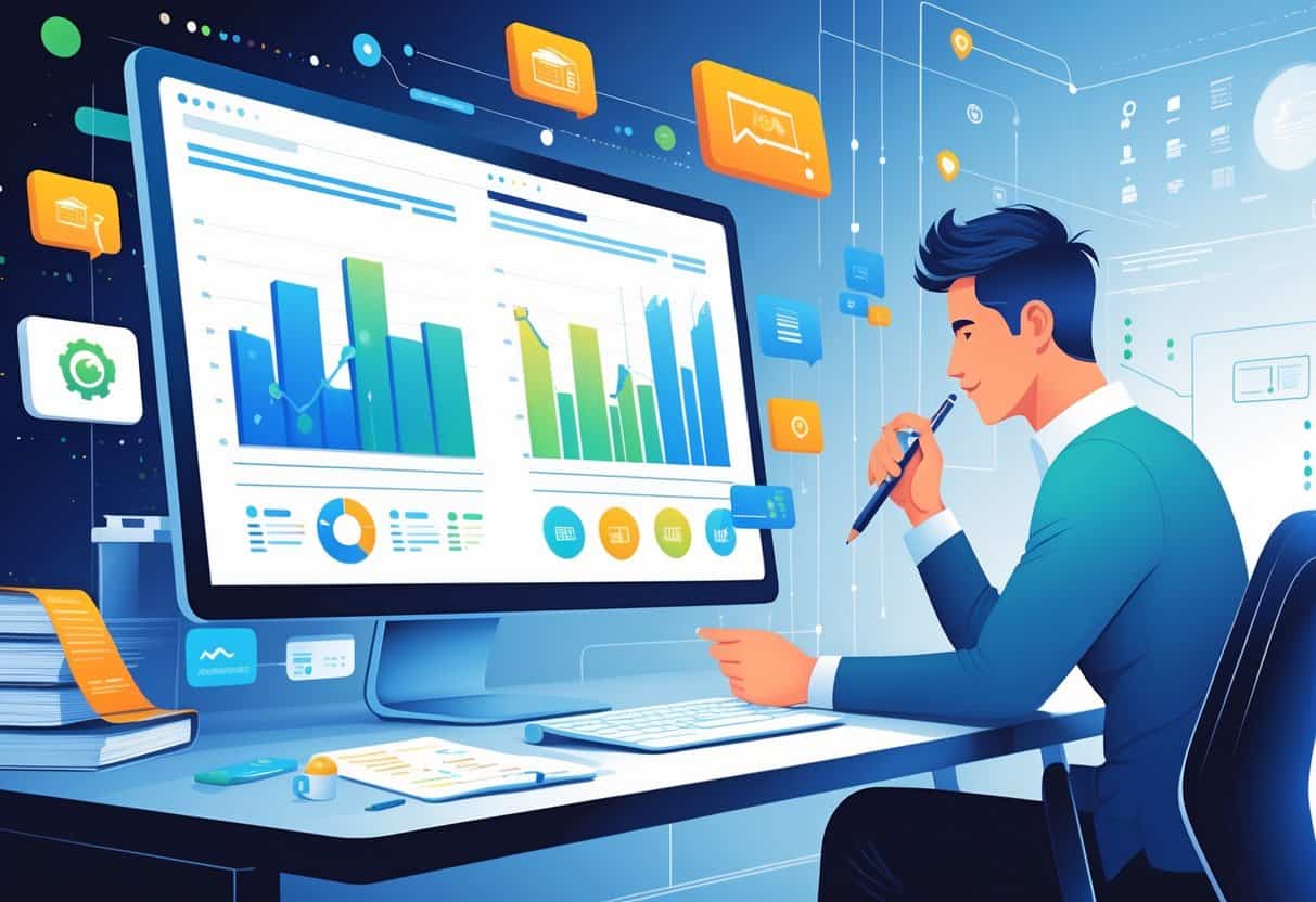 A person at a desk analyzing data on a computer surrounded by icons representing different blog topics, with futuristic digital displays in the background.