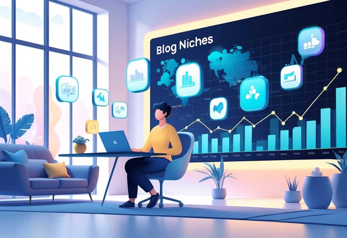 A person working at a desk with a laptop, surrounded by icons representing different blog topics and digital charts showing market trends.