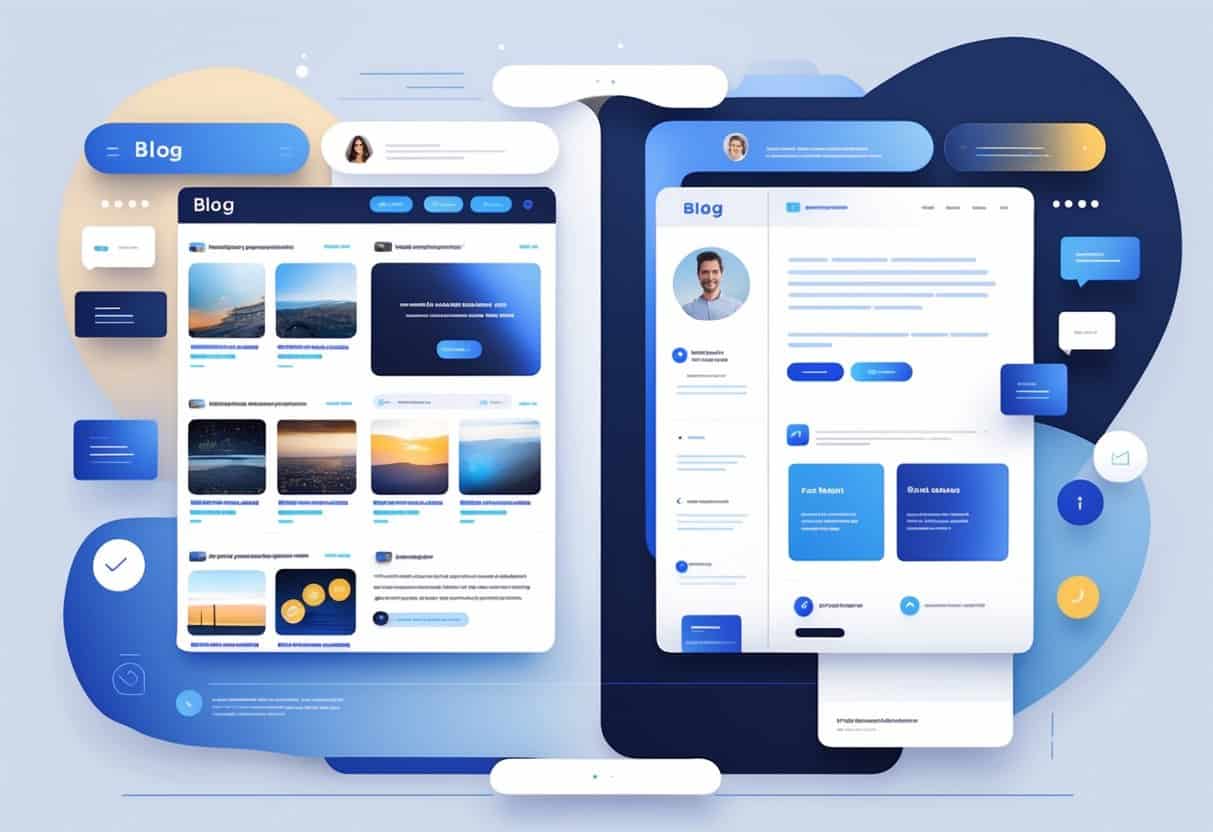 A side-by-side illustration showing a blog with multiple posts and interactive icons on one side, and a personal website homepage with a profile picture and portfolio sections on the other.