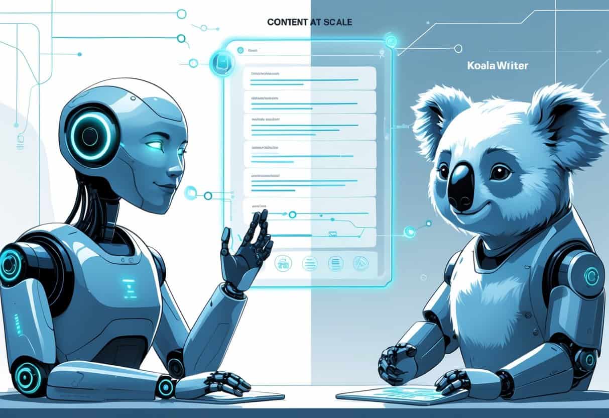 Two futuristic robots facing each other with a digital screen between them displaying flowing text and data, set in a modern workspace.
