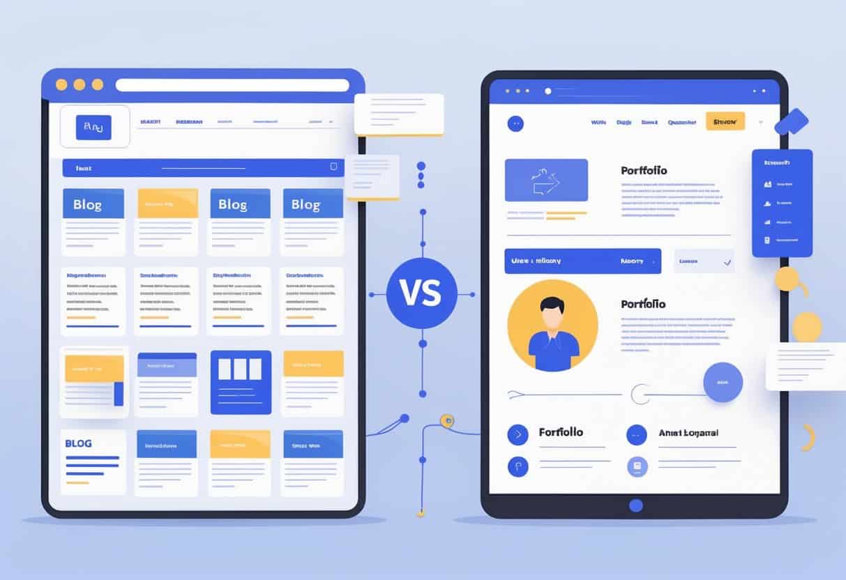 A digital illustration showing a comparison between a blog with multiple posts and a personal website with a profile picture and static sections.